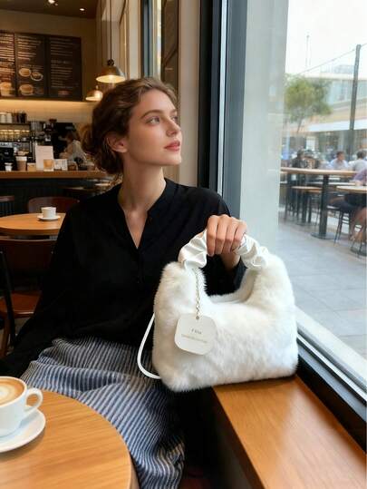 1 pieza Bolso de mano esponjoso y lindo, bolso casual y versátil de hombro/cruzado, bolso ligero y peludo como una nube, para otoño/invierno