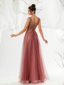 VIPGIRL Sequin Patchwork High Slit Elegant Long Evening Gown - Red - View 2