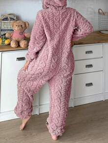 1pc Women's Hooded Jumpsuit With Ears, Heart Pattern, Cozy & Warm Casual Loungewear, Suitable For Autumn/Winter - Pink - View 8