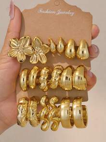 6-30pcs Gold-Plated Flower Petal & Geometric Textured C-Shaped Earring Set, Suitable For Daily Wear, Great Gift For Family, Friends And Girlfriends - Yellow Gold - View 11