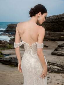 Elasola HEARBOBO 浪漫露肩网纱串珠刺绣美人鱼婚纱，适合新娘、订婚等场合，优雅迷人 - 白色 - 查看 4