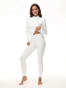 女士秋冬抓绒休闲无缝舒适黑色纯色高领长袖T恤和打底裤套装 - 白色 - 查看 7