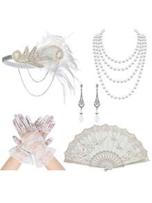 5pcs D EXCEED Women's Accessories Set - Headband, Earrings, Necklace, Gloves, Hand Fan, Suitable For Tea Party, Ball, Opera Costume, 1920s Vintage Party - Multicolor - View 9