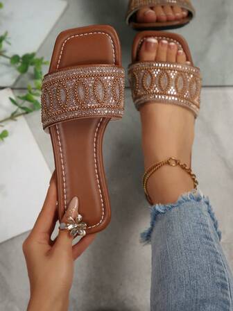 2026 New French Style Crystal Embellished Square Toe Slip-On Flat Sandals For Women, Casual Mules Suitable For Spring, Summer, Autumn, Beach, Vacation, Wear With Dresses