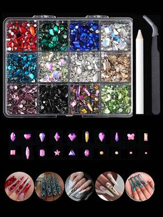 5000 st. 3D-nagelkonstdekorationer, ask med 12 fack, blandade platta nagelsmycken, färgglada strass för naglar, ansiktsstenar, gör-det-själv-manikyr, dekorationer för telefonskal, muggar etc. (nagelverktyg ingår)