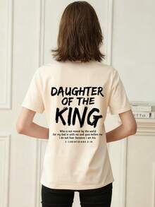 女士夏季圆领短袖T恤，印有“King's Daughter”和“Faith”英文字母，适合办公室、外出、日常、约会、派对、聚会、街头、嘉年华、音乐节、情人节、派对等休闲场合。 - 杏色 - 查看 2