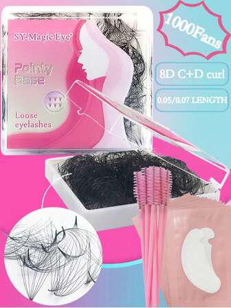 1000 Piezas por caja, 8D, Grosor 0,05 mm / 0,07 mm, 8-15 mm, Rizo C/D, Extensiones de pestañas con abanico premontado, con 10 Piezas de almohadillas para extensiones de pestañas y 10 Piezas de cepillos para pestañas, Suave y natural, Fácil de transportar, Pestañas postizas hechas a mano, Fiesta y viaje, Navidad
