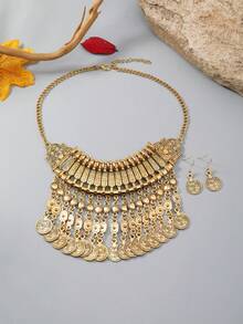 Bộ vòng cổ tua rua đồng xu chạm khắc cổ điển, phụ kiện thường ngày cho tiệc tùng, bãi biển - Màu Bạc Cổ - Xem 3