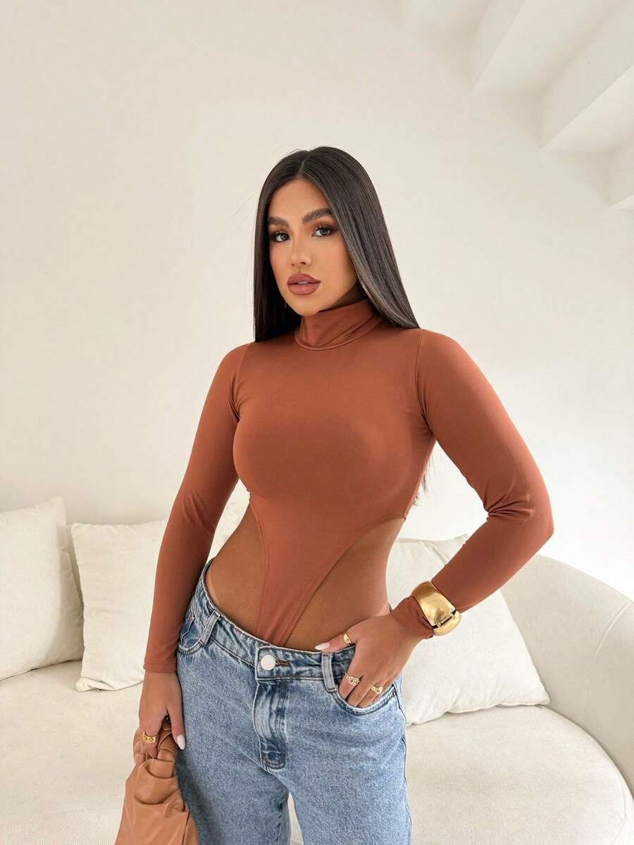Pamela Bodysuit With Long Sleeves And High Neck, Simple, Elegant, Casual, Party, International Fashion - 棕色 - 查看 1