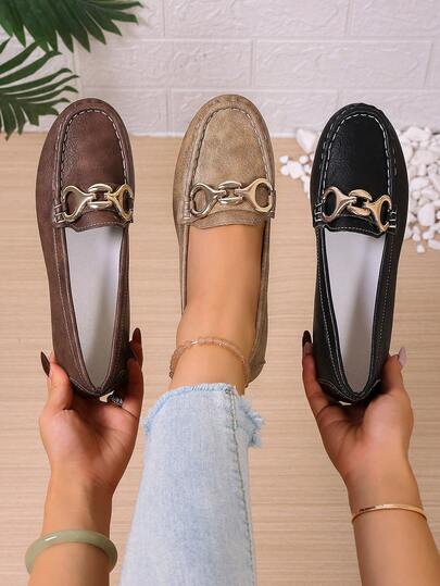 2025新款舒适百搭纯色学院风金属色乐福鞋，春、夏、秋季休闲平底鞋