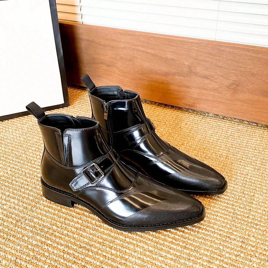 Men's Retro Pointed Toe Chelsea Boots, Men's British Style Formal Boots Single Boot - Black - View 1