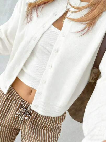FOR BEAUTY Autumn New Solid Color Round Neck Single-Breasted Long Sleeve Knit Cardigan, Gentle, Elegant, Romantic, Casual, Lazy, Fashionable, Versatile, Suitable For Outings, Valentine's Day Dates, Commuting And Various Occasions. This Cardigan Is Spring Women's Wear