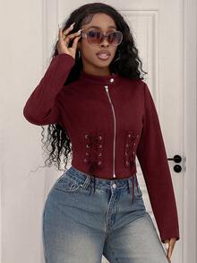 Jaqueta Feminina de Alta Qualidade, Nova e Versátil, de Estilo Minimalista Casual, Cor Sólida, Gola Reta, Design de Zíper Metálico, Jaqueta Feminina Ajustada, Adequada para Férias, Casa, Faculdade, Brunch, Transporte, Minimalista, Casual, Diária, Volta às Aulas, Dia da Independência Versátil - Vinho - Visão 3