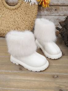 1 Paar weiße Kinder-Schneestiefel in großen Größen für Mädchen, einfarbig, weich und bequem, aus PU und Kunst-Kaninchenfell-Mix, klassisch minimalistisches Design mit Reißverschluss hinten, runde Zehenpartie, dicke Sohle mit Höhenzunahme, modische niedliche Mädchen-Stiefeletten, geeignet für 3-15 Jahre alte Schülerinnen, für Alltag, Party, Lässig und Outdoor, Herbst/Winter, neuer Stil - Weiss - Übersicht 4