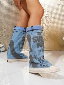 Women's Fashionable Black Round Toe Thick Sole Flat Ankle Boots, Casual Canvas Long Boots For Autumn/Winter - Blue - View 4