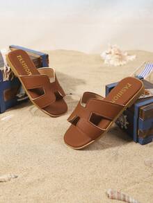 1双真皮幼儿/小女孩平底凉鞋，简约可调节绑带圆头时尚优雅可爱罗马凉鞋，适合6-17岁女孩日常休闲度假沙滩穿着，2026春夏款 - 棕色 - 查看 4