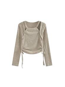 Autumn Korean Style Cinched Waist Fitted Knit Sweater Top - Khaki - View 4