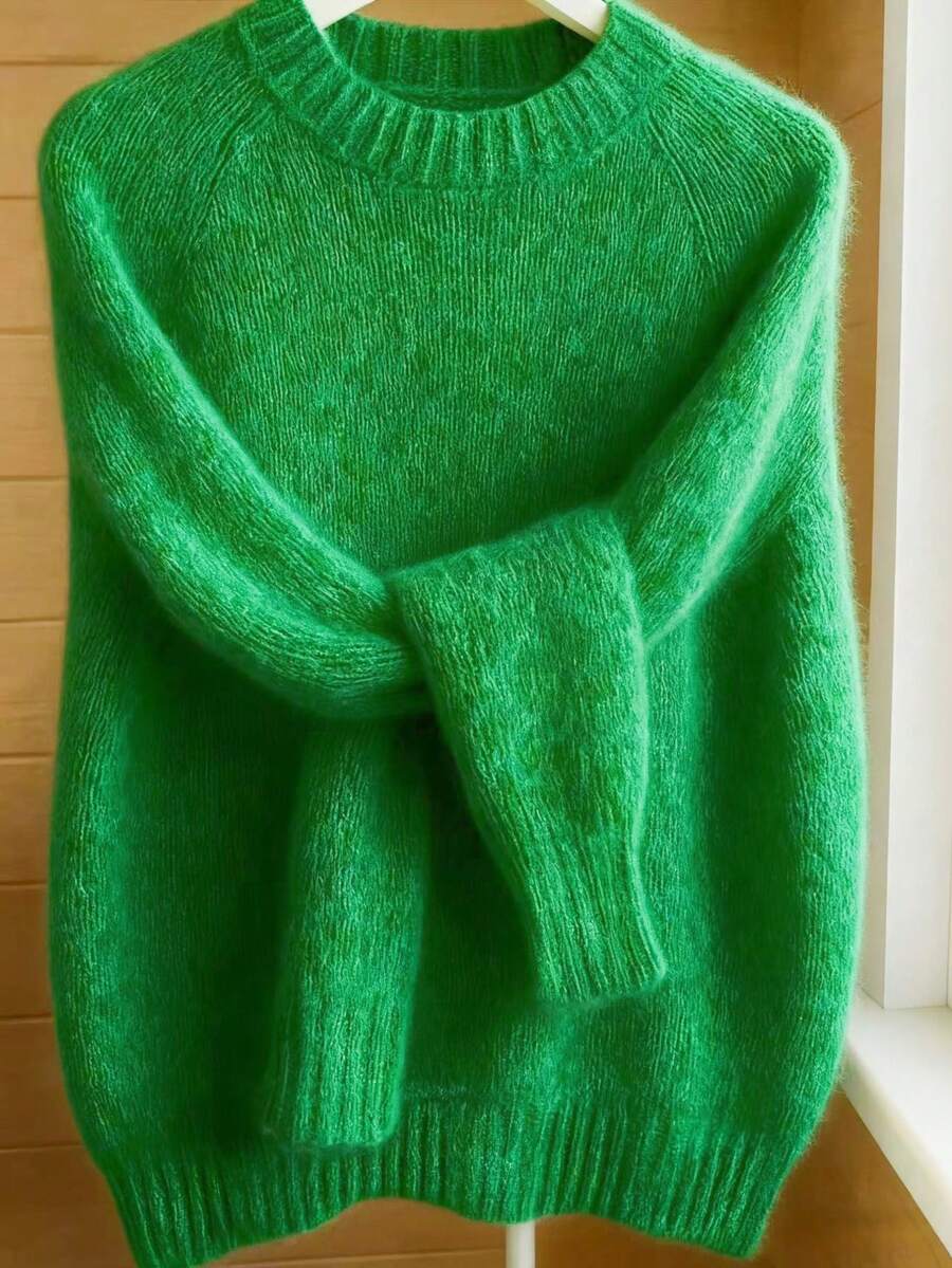 Áo len cổ tròn pha trộn thanh lịch dành cho nữ, thiết kế tay áo Raglan kiểu Pháp - Chất liệu vải mềm mại và thoải mái - Áo chui đầu dệt kim thiết yếu cho mùa thu/đông, áo len dệt kim polyester màu trơn có gân cho trang phục công sở - màu xanh lá - Xem 1