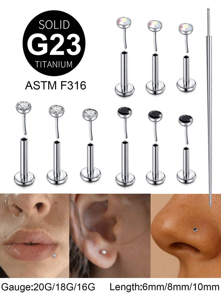 Khuyên tai xỏ khuyên không ren bằng titan 20G/18G/16G có đầu thon G23 đinh tán phẳng cho nam nữ, khuyên tai AB CZ màu đen, khuyên vành tai, khuyên môi, khuyên vành tai, khuyên tai xoắn ốc, khuyên tai dạng thanh, dài 6/8/10mm - Đinh tán + côn - Xem 1