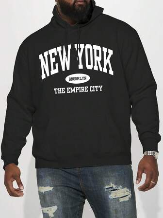 1pc Men's Letter Graphic Thermal Lined Hoodie, Casual Sporty Outdoor Daily Wear, Plus Size