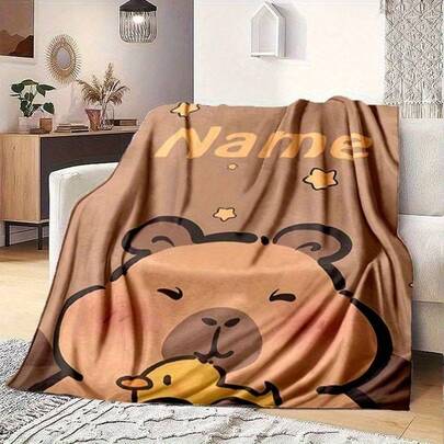 1pc Custom Capybara Cute Pattern Printed Flannel Blanket, Soft & Warm, Suitable For Sofa, Office, Bed Or Camping - Multifunctional Gift, All Seasons