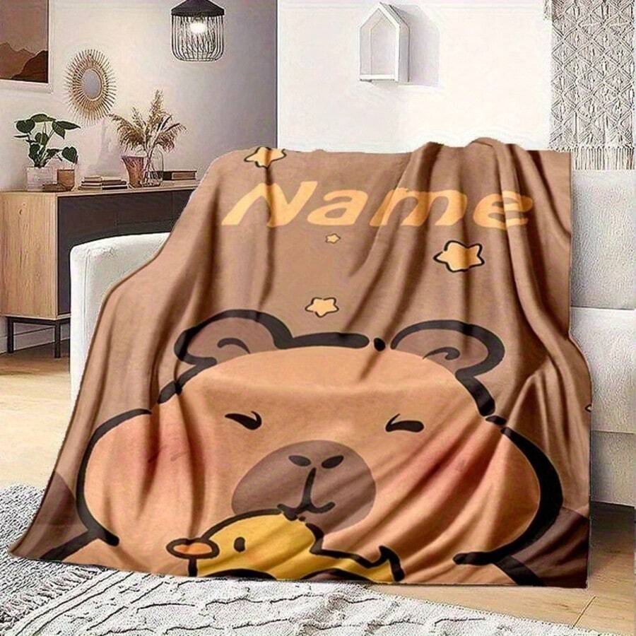 1pc Custom Capybara Cute Pattern Printed Flannel Blanket, Soft & Warm, Suitable For Sofa, Office, Bed Or Camping - Multifunctional Gift, All Seasons - Multicolor - View 1