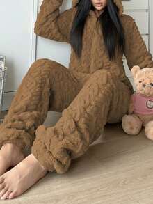 女士连帽连体衣，带耳朵和心形图案，舒适保暖，休闲居家服，适合秋冬季穿着。 - 卡其色 - 查看 6