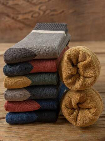 Men's Thickened Fleece-Lined Socks Color Block Mid-Calf Autumn/Winter Warm Cotton Socks Japanese Style Towel Socks For Men, Cozy Socks