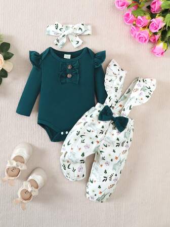BrownBark Conjunto de 2 piezas de ropa casual para niña bebé: Blusa de manga larga de unicolor + Peto con estampado floral diminuto con decoración de lazo + Diadema, versátil para uso diario