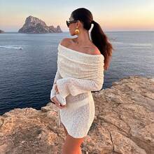 European And American Hot-Selling Off-Shoulder Long Sleeve Dress Elegant Fashion Casual Long Dress Solid Color Strapless Dress Women's Clothing - 白色 - 查看 2