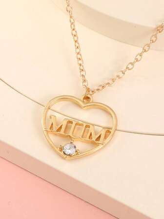 1件水钻心形“妈妈”吊坠项链，母亲节/生日/节日礼物