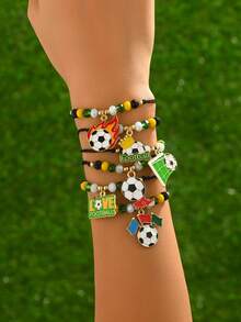 1 Set Creative Fashion Personalized Drip Oil Simulated Dynamic Football "LOVE FOOTBALL" Pendant Bracelet Set, Sports Style Adjustable Football Element Series Pendant Bracelet Set, Suitable For Sports Events, Daily Wear, Parties - Multicolor - View 2