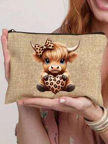 1pc Highland Cow Pattern Makeup Bag, Yellow Linen Cosmetic Bag, Simple Large Capacity Toiletry Bag, Wallet, Casual Organizer Bag, Travel Storage Bag, Stylish Coin Purses, Multi Functional Shopping Bag, Portable Clutches, 4 Styles Are Available, For Daily, Vacation, Beach, Travel, Commuting, Camping, Christmas, Thanksgiving, Valentine'S Day, New Year'S Gift - Multicolor - View 5