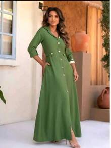 Sensorial Long Dress With High Neck And Long Sleeves, Chic, Tailored, And Stylish For Evangelical Women. - 軍綠色 - 查看 5