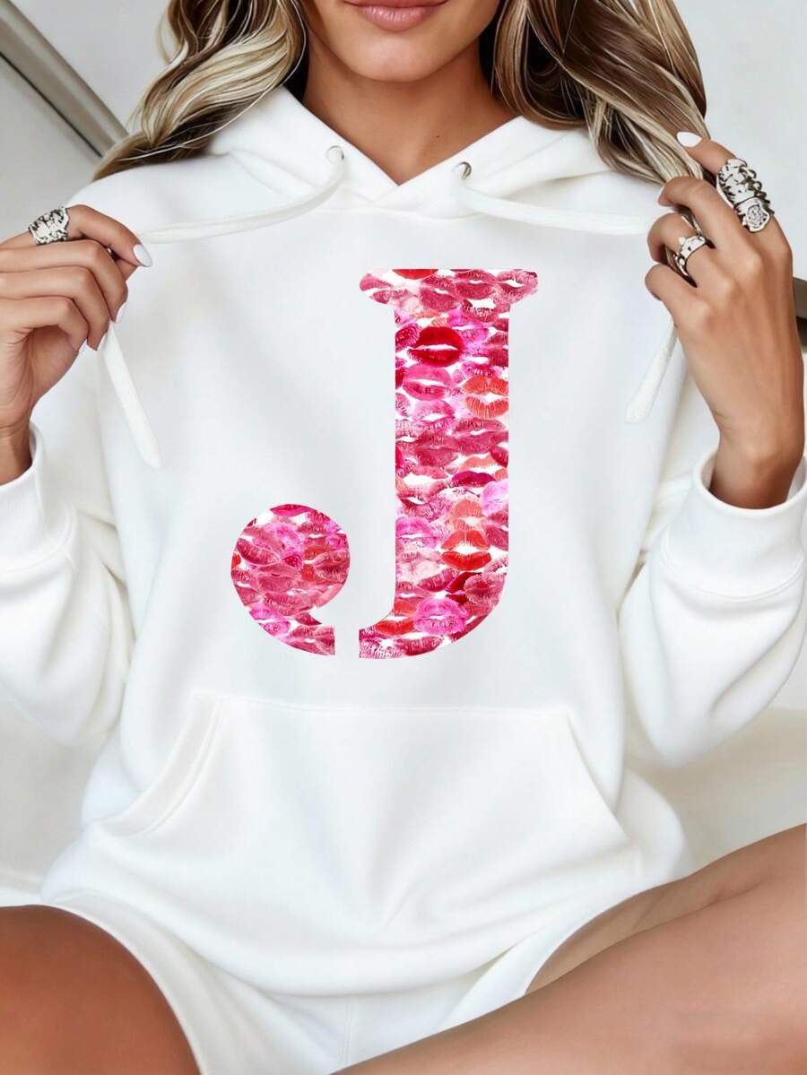 Graphic Oversized Hoodies Sweatshirts For Women, Pink Lip Print Pattern On Letter J Print Winter Clothes, Loose Fit Long Sleeve Pocket Pullover, Girls Sweatshirts, Winter Fashion Pullover Tops, Suitable For Parties, Outdoor Activities, And Leisure, Gift For Women, Holiday Gift, Perfect Gift, Size S-3XL - 白色 - 查看 1