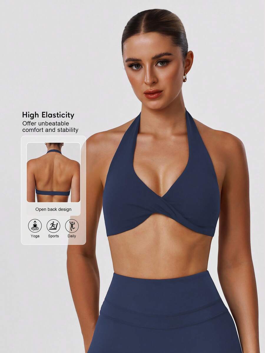 Sodalemon Women's Twist Back Workout Top, V-Neck Padded Solid Color Yoga Casual Sports Bra Spring - 藏蓝色 - 查看 1