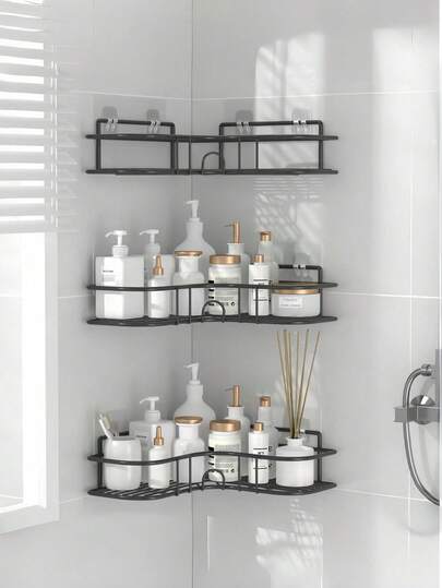 1pc Black Metal Corner Shelf, Suitable For Bathroom, Kitchen, Balcony, Can Store Toiletries, Spices, Succulents, Durable Multi-Functional, Suitable For Daily Organization, Dorm Room, Holiday Gifts (Easter, Labor Day), Practical Home Organization Tool, Essential For Tidy Home And College Student Gifts