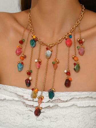 1 pieza Elegante collar colgante en forma de Y con borla, hecho a mano, con bloque de resina de metal geométrico dorado, imitación de perla barroca bohemia y colorida, diseñado para fiestas, vacaciones, bodas y bailes de graduación. Debido a la naturaleza hecha a mano, puede haber ligeras variaciones en el tamaño, el color y la secuencia del bloque de resina, lo cual es normal y no afecta la estética general. Siéntase libre de comprar.