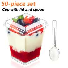 50/100/150PCS Dessert Cups Per Pack, 150 Ml 5 Oz Dessert Cups With Spoons And Lids, Plastic Dessert Bowls, DIY Reusable Square Dessert Cups, Cake Molds For Desserts, Puddings, Mousses, Ice Cream, Picnics, Parties - 無色 - 查看 1