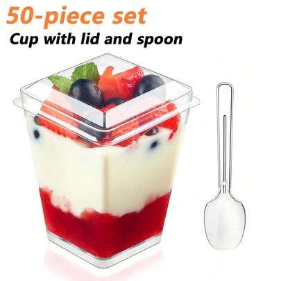 50/100/150PCS Dessert Cups Per Pack, 150 Ml 5 Oz Dessert Cups With Spoons And Lids, Plastic Dessert Bowls, DIY Reusable Square Dessert Cups, Cake Molds For Desserts, Puddings, Mousses, Ice Cream, Picnics, Parties