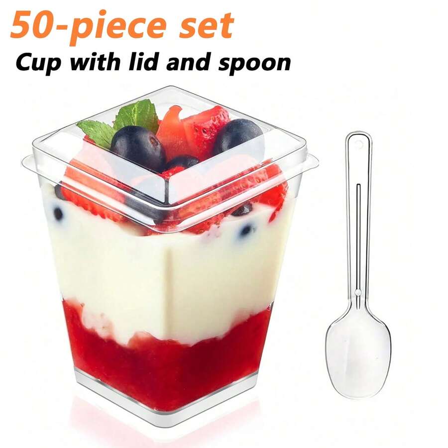 50/100/150PCS Dessert Cups Per Pack, 150 Ml 5 Oz Dessert Cups With Spoons And Lids, Plastic Dessert Bowls, DIY Reusable Square Dessert Cups, Cake Molds For Desserts, Puddings, Mousses, Ice Cream, Picnics, Parties - 無色 - 查看 1