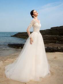 Elasola HEARBOBO White Lace Long Sleeve Backless Mesh Wedding Dress Bridal With Train Elegant - White - View 4