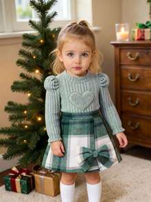 Baby Mädchen Mode Lässig Süß Set, Herz Stickerei Puffärmel Stylisches T-Shirt + Schleife Karomuster Skort