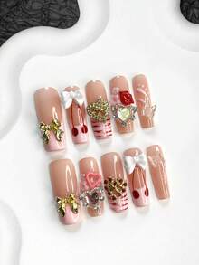 10pcs Valentine's Day Nail Art Set, Hand-Painted Cherry Nail Stickers, French False Nails, Water Wave Nail Stickers, Ethereal Butterfly, Metal Heart, Bow, Lip, Small Flower Nail Decorations, Pink Nail Polish, 3 Sizes Available: Almond, Duck Mouth, Coffin Shape, Comes With Nail Tools (1 Jelly Sticker + 1 Nail File), Suitable For Parties, Valentine's Day, Daily Wear, Great Gift - 彩色 - 查看 9