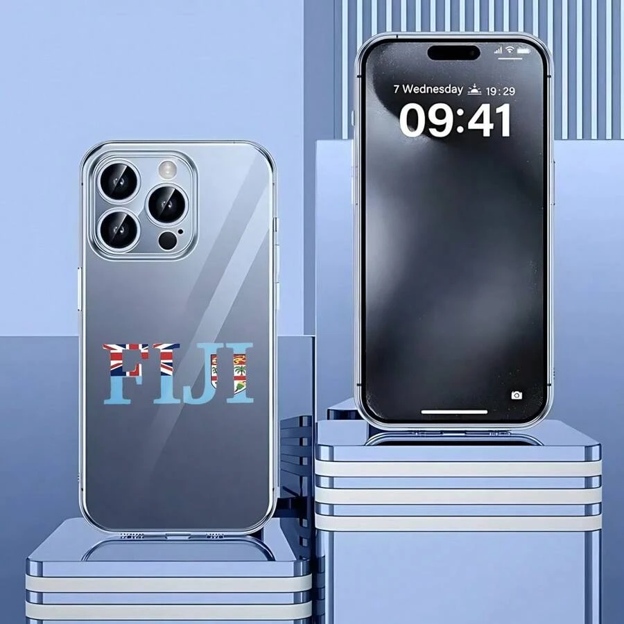 Cubierta de teléfono transparente para combinaciones de moda,Cubierta de teléfono transparente para iPhone con diseño de bandera de Fiji y texto FIJI en azul claro ideal para uso diario y viajes Adecuado para teléfonos Apple y Galaxy. - transparente - Ver 1