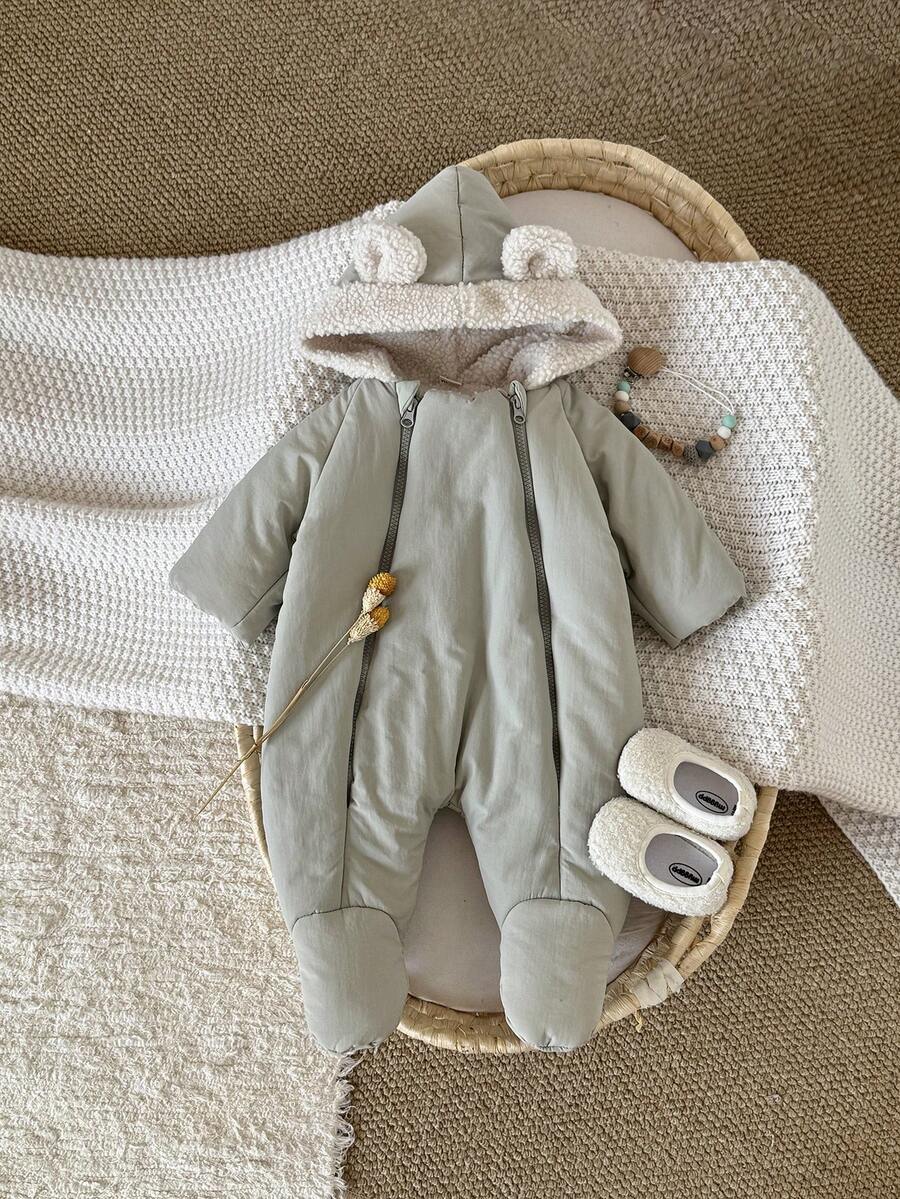 Newborn Baby Boy Thick Fleece Animal Ear Hooded Zipper Front Footed Jumpsuit, Warm For Winter