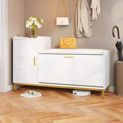 100*38*68cm Shoe Cabinet/Shoe Rack With 2 Compartments, 1 Cabinet, High-Gloss Shoe Bench/Bench With Upholstered Seat And Storage, Metal Feet, Suitable For Living Room, Hallway, Office, White + Gold