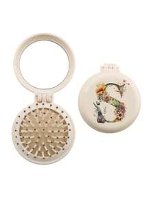 Brodark 1个象牙色和米色花卉图案26字母迷你镜梳，小巧便携，女士必备气垫梳，可折叠气垫按摩梳，镜子和梳子一体设计，旅行和露营配件，返校必备 - 米白 - 查看 14