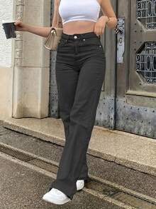 ARWY 女士纯色简约时尚百搭高腰修身直筒牛仔裤，适合休闲、旅行、约会、四季皆宜、返校季、复活节、独立日、狂欢节、圣诞节等场合，春季黑色款。 - 黑色 - 查看 4