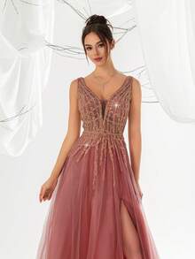 VIPGIRL Sequin Patchwork High Slit Elegant Long Evening Gown - Red - View 4
